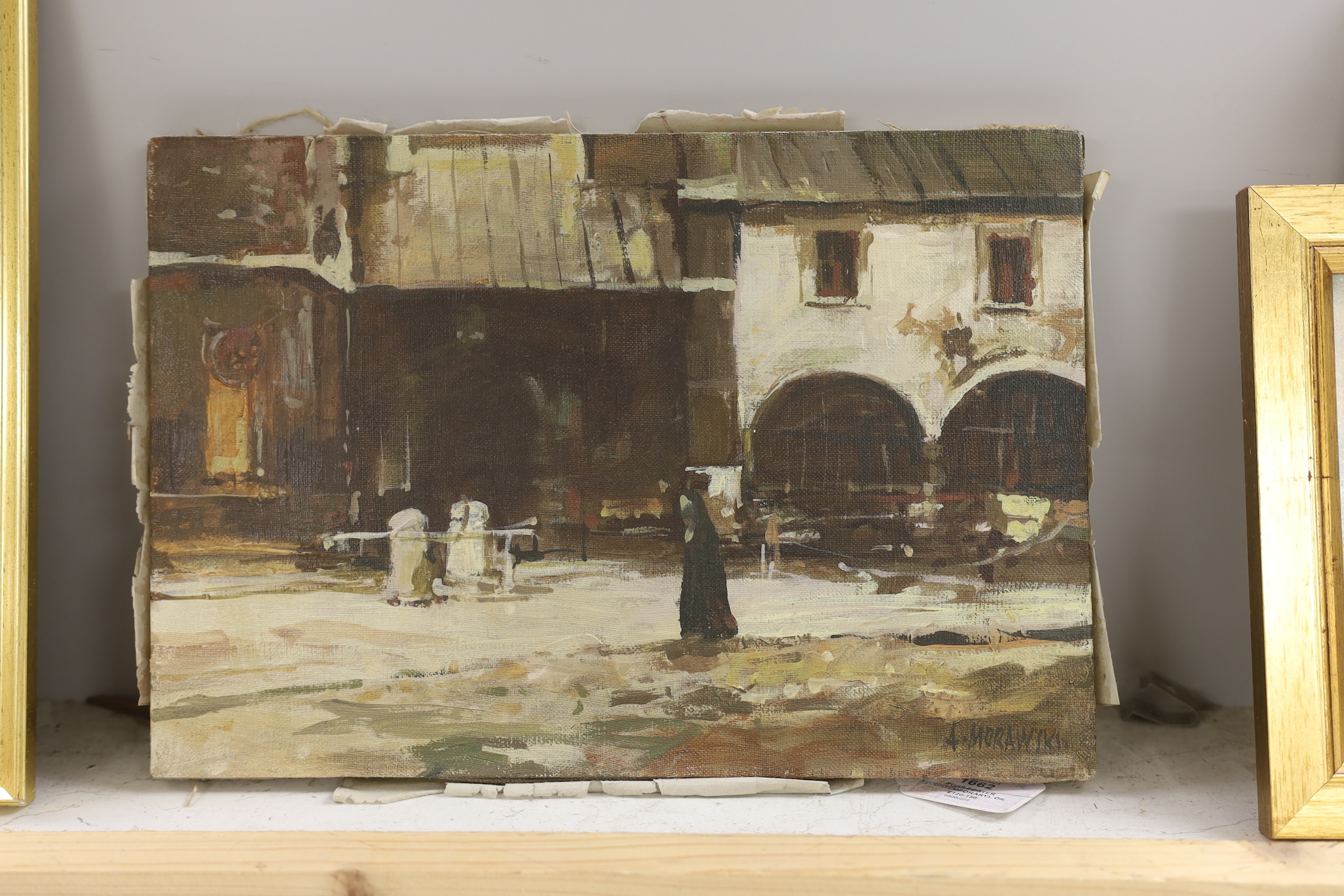 A Morawski, oil on canvas, Jewish Quarter, Krackow, Poland, signed, 24 x 35cm, unframed